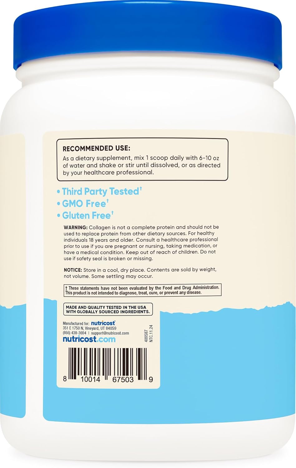 1LB Grass-Fed Bovine Collagen Hydrolysate Powder - Unflavored Peptides - Nutricost (454 G)