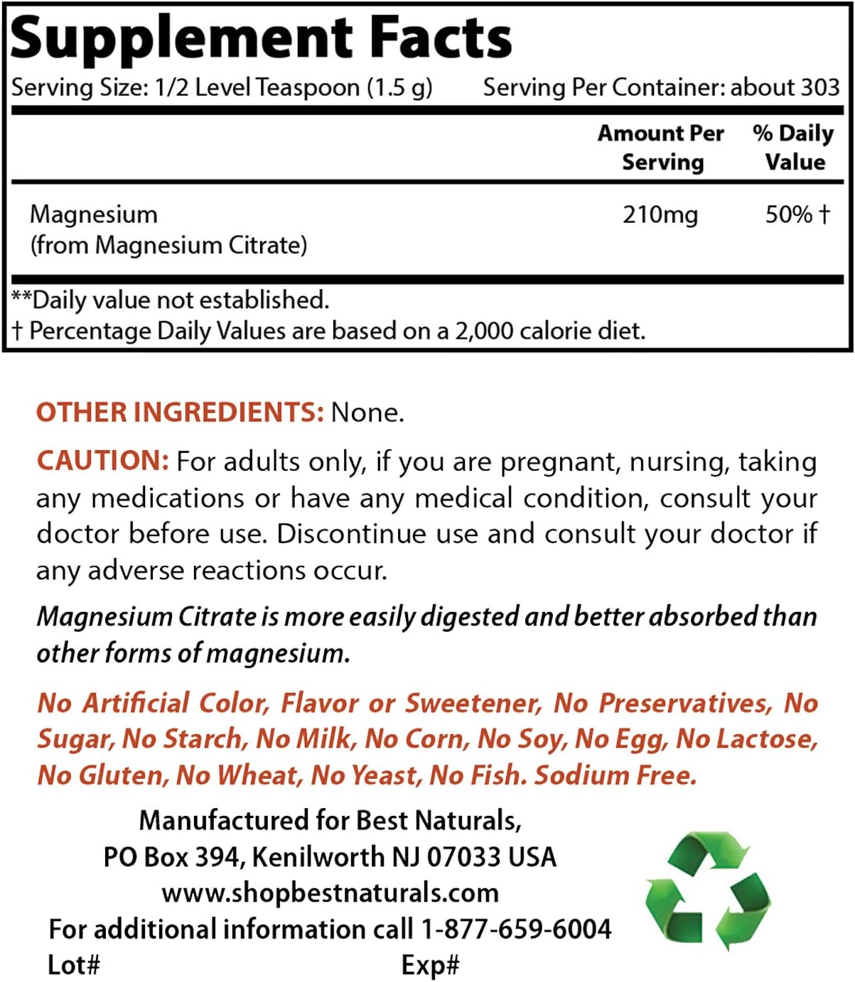 1lb Magnesium Citrate Powder with 99mg Potassium Citrate - Top Natural Supplements