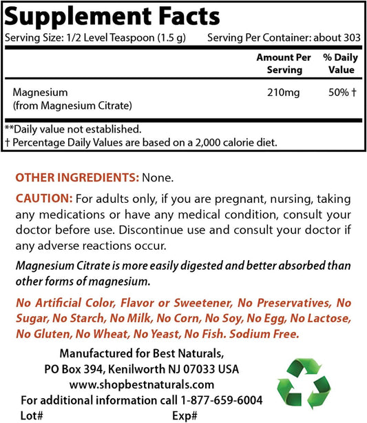 1lb Magnesium Citrate Powder with 99mg Potassium Citrate - Top Natural Supplements