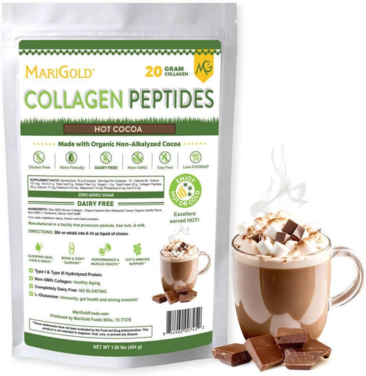 1LB MariGold Grass-fed Collagen Peptides Powder Hot Cocoa - Pure Type I & III Bovine Hydrolyzed Collagen, Non-GMO, Hormone Free, Soy Free, Gluten Free, Dairy Free, Keto-Friendly
