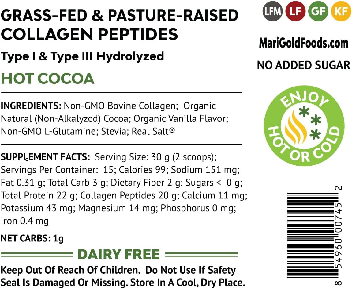 1LB MariGold Grass-fed Collagen Peptides Powder Hot Cocoa - Pure Type I & III Bovine Hydrolyzed Collagen, Non-GMO, Hormone Free, Soy Free, Gluten Free, Dairy Free, Keto-Friendly