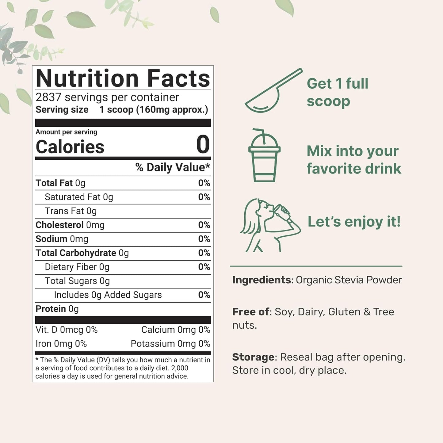 1lb Micro Ingredients Pure Organic Stevia Powder - 2,837 Servings, High Grade Green Leaf Extract Reb-A, 0 Calorie Natural Sweetener, Keto Friendly