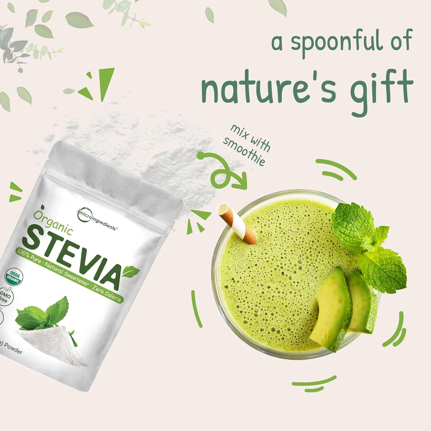 1lb Micro Ingredients Pure Organic Stevia Powder - 2,837 Servings, High Grade Green Leaf Extract Reb-A, 0 Calorie Natural Sweetener, Keto Friendly