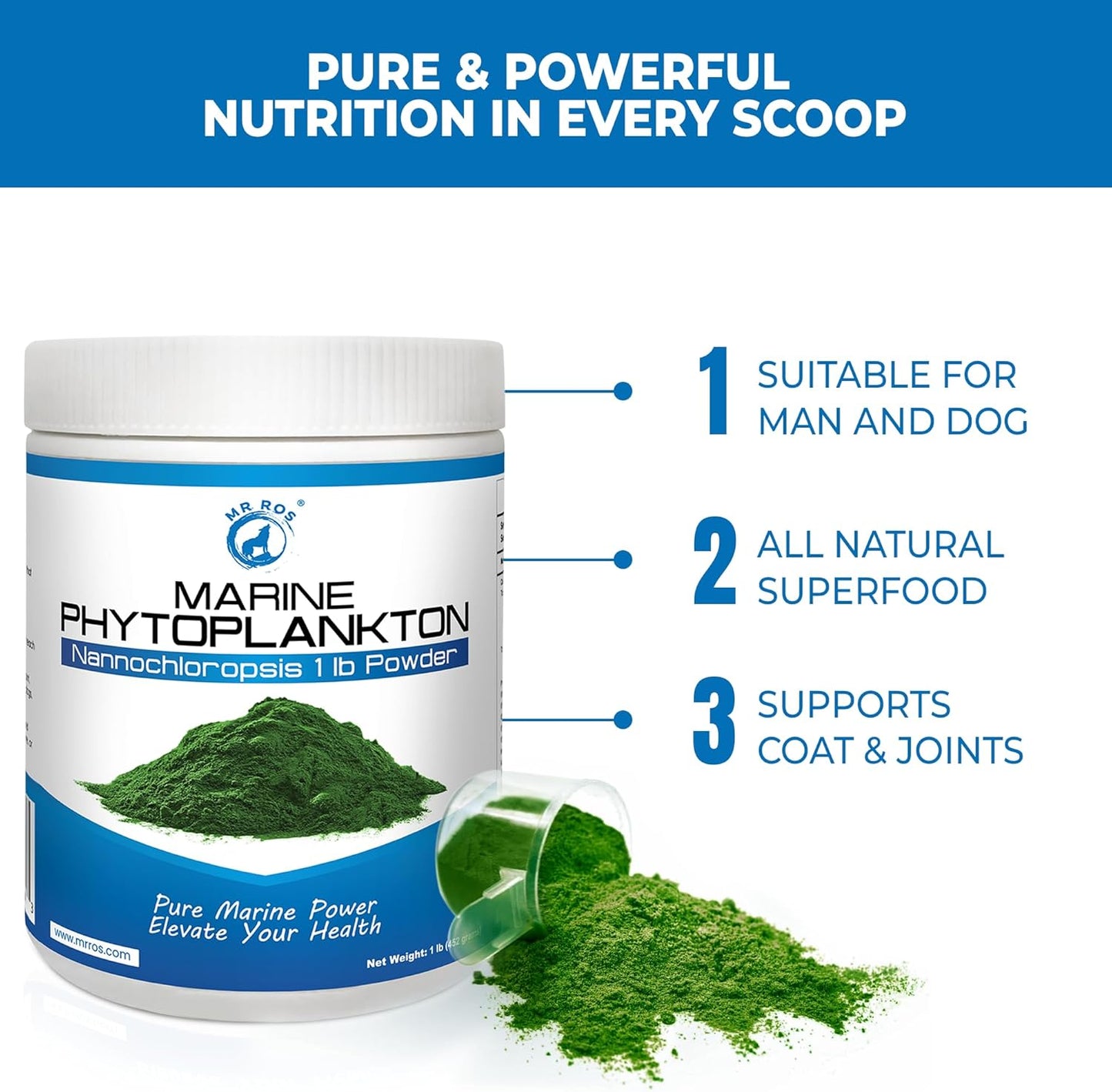 1lb Mr. Ros Marine Phytoplankton: Eco-Friendly Superfood Boosts Wellbeing for Dogs, Men, and Women