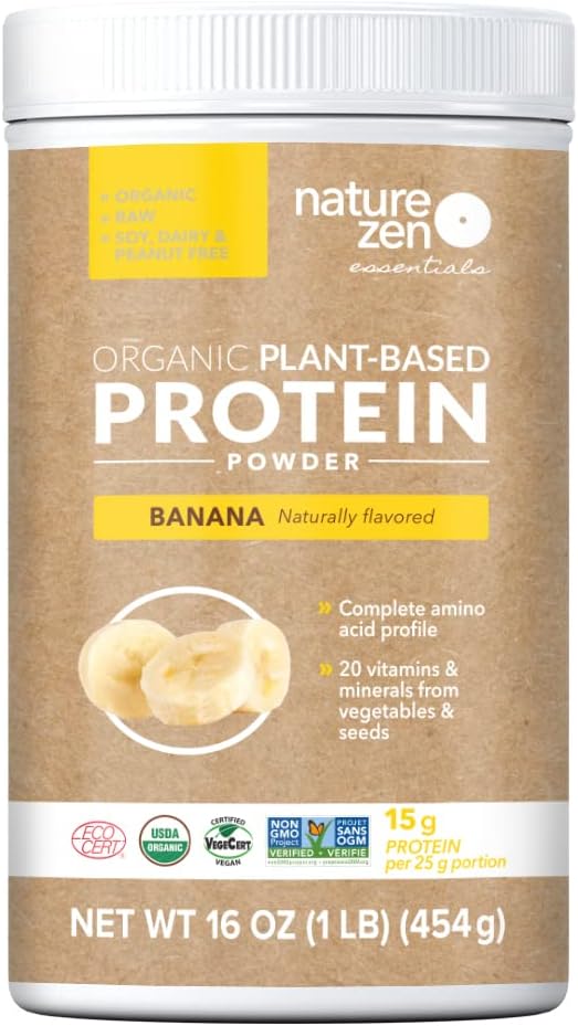 1LB Nature Zen Plant-Based Protein Powder - Banana Flavor, No Sugar, Gluten, Soy or Peanuts - 454G