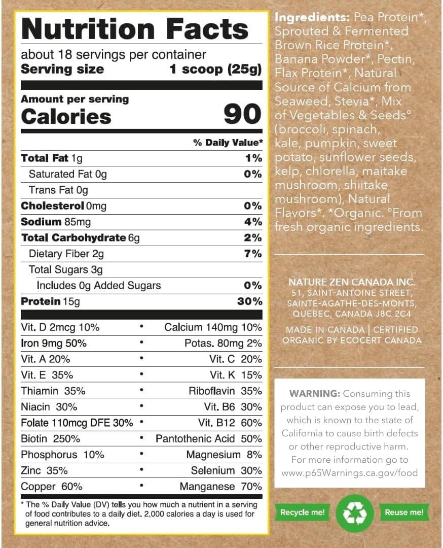 1LB Nature Zen Plant-Based Protein Powder - Banana Flavor, No Sugar, Gluten, Soy or Peanuts - 454G