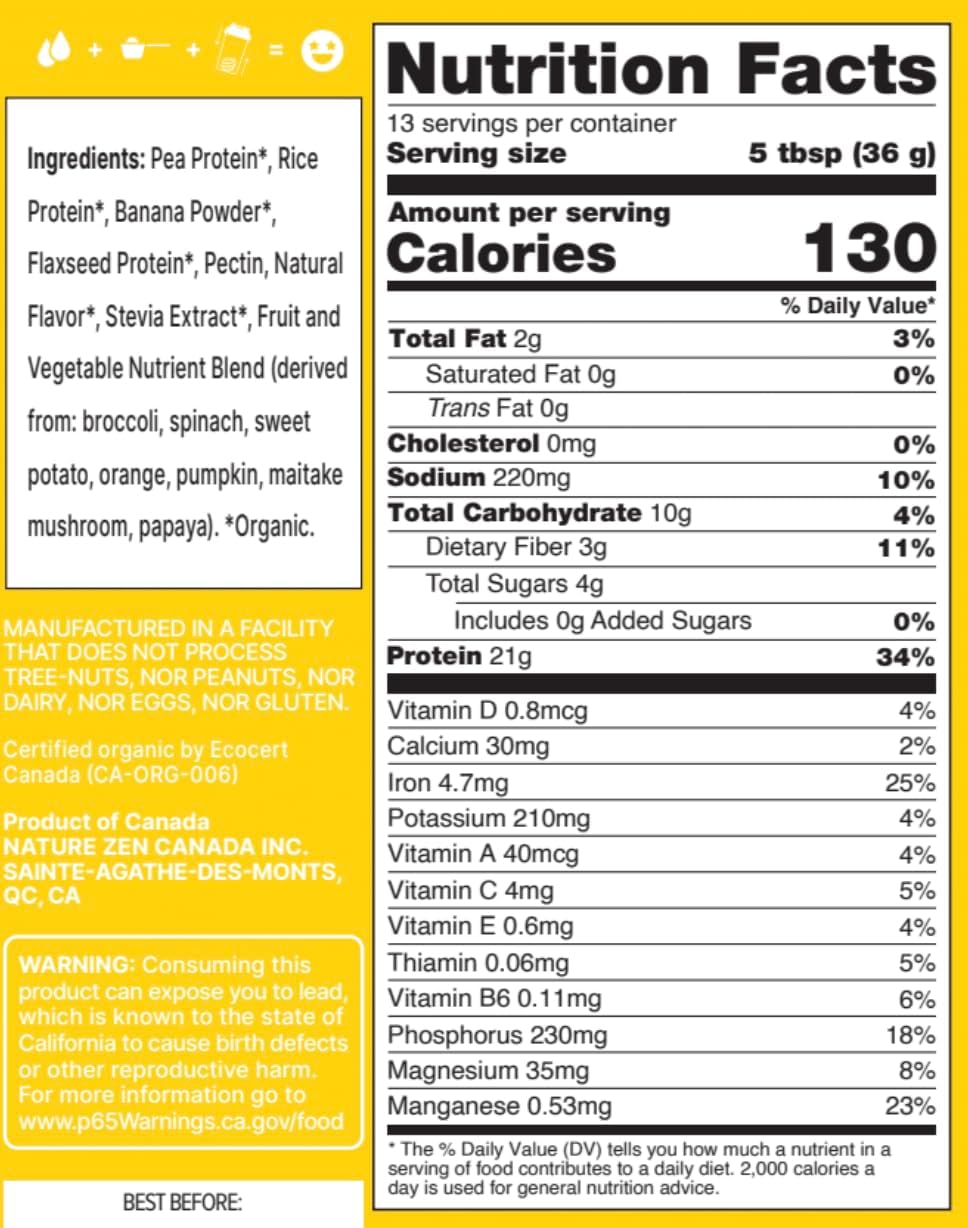 1LB Nature Zen Plant-Based Protein Powder - Banana Flavor, No Sugar, Gluten, Soy or Peanuts - 454G