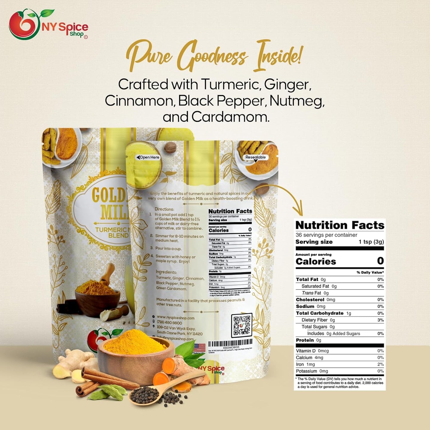 1lb NY SPICE SHOP Golden Milk Superfood Powder - Instant Latte Mix with Turmeric, Cinnamon, Ginger, Black Pepper, Nutmeg, & Cardamom