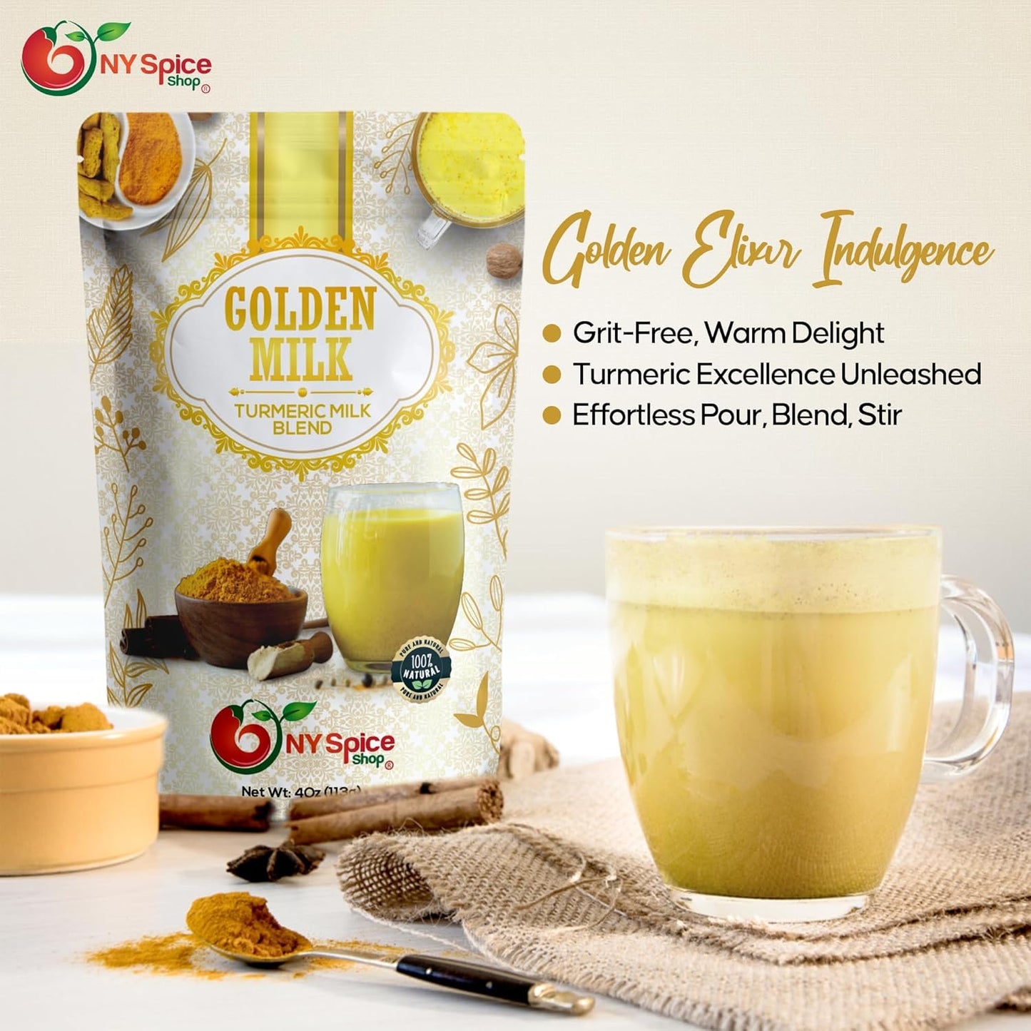 1lb NY SPICE SHOP Golden Milk Superfood Powder - Instant Latte Mix with Turmeric, Cinnamon, Ginger, Black Pepper, Nutmeg, & Cardamom