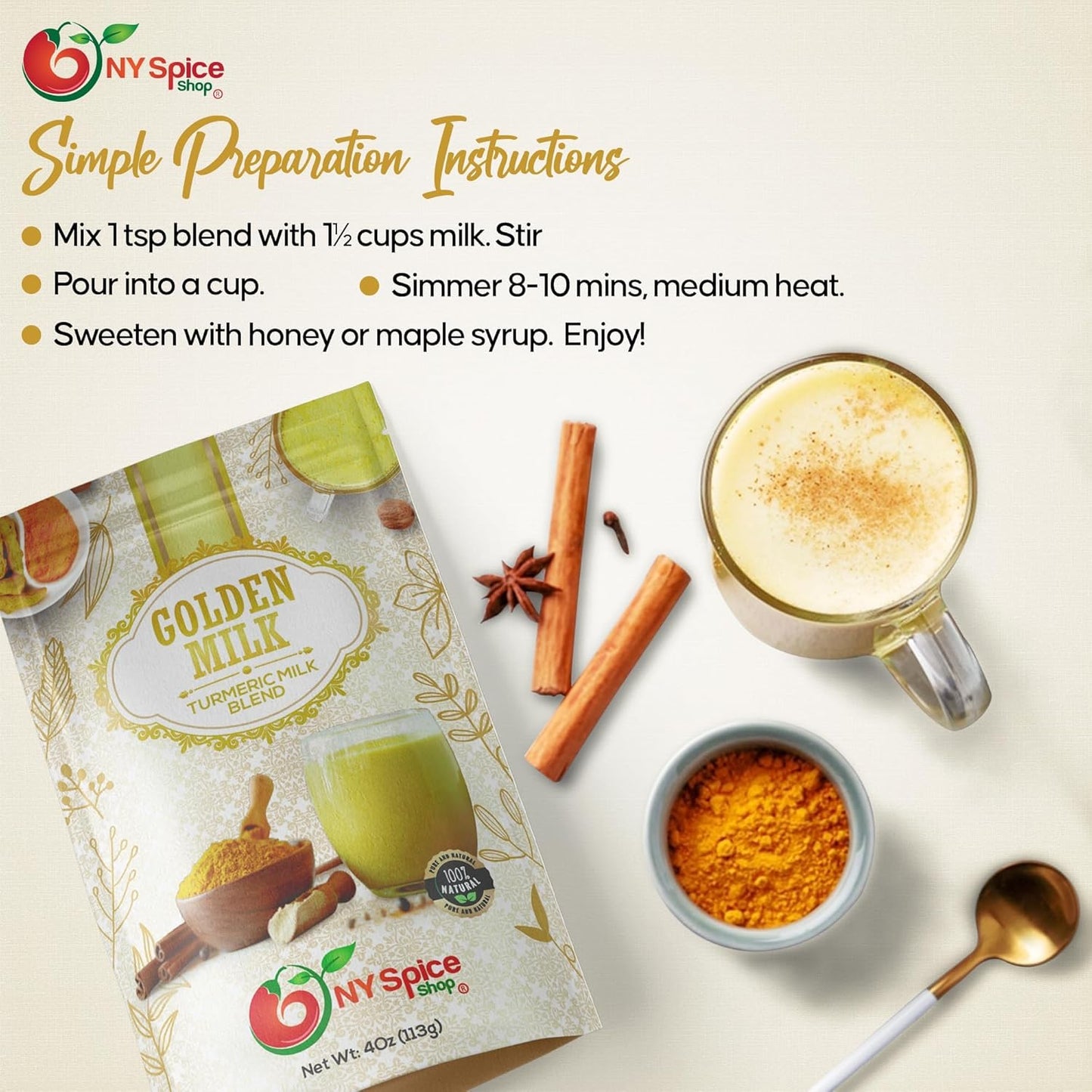 1lb NY SPICE SHOP Golden Milk Superfood Powder - Instant Latte Mix with Turmeric, Cinnamon, Ginger, Black Pepper, Nutmeg, & Cardamom