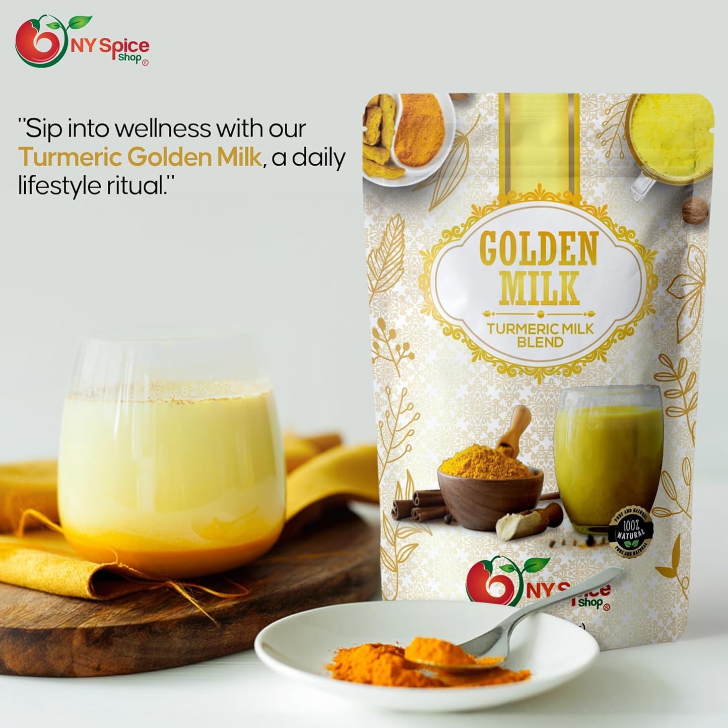 1lb NY SPICE SHOP Golden Milk Superfood Powder - Instant Latte Mix with Turmeric, Cinnamon, Ginger, Black Pepper, Nutmeg, & Cardamom