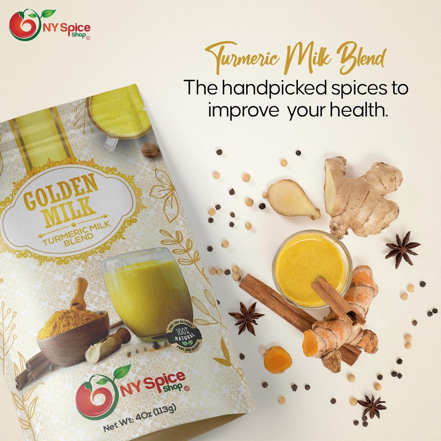 1lb NY SPICE SHOP Golden Milk Superfood Powder - Instant Latte Mix with Turmeric, Cinnamon, Ginger, Black Pepper, Nutmeg, & Cardamom
