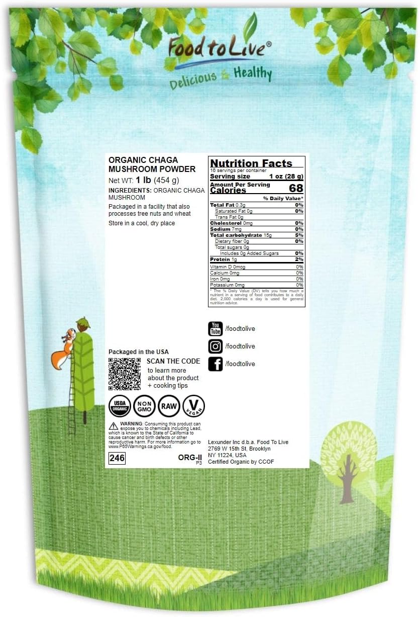 1lb Organic Chaga Mushroom Powder - Vegan Superfood for Immunity - Rich in Antioxidants - Non-GMO - 100% Pure - Kosher