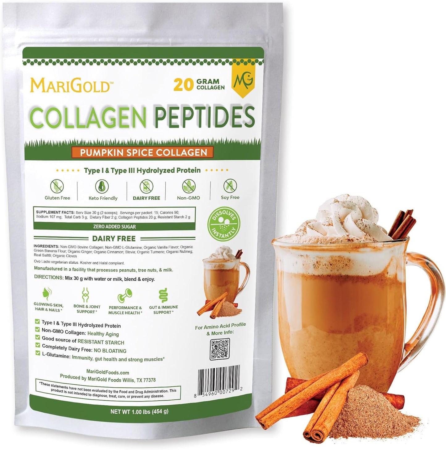 1LB Pumpkin Spice Grass-Fed Collagen Peptides Powder - Pure Type I & III Bovine Hydrolyzed Collagen - Non-GMO, Hormone/Soy/Gluten/Dairy Free - Keto-Friendly