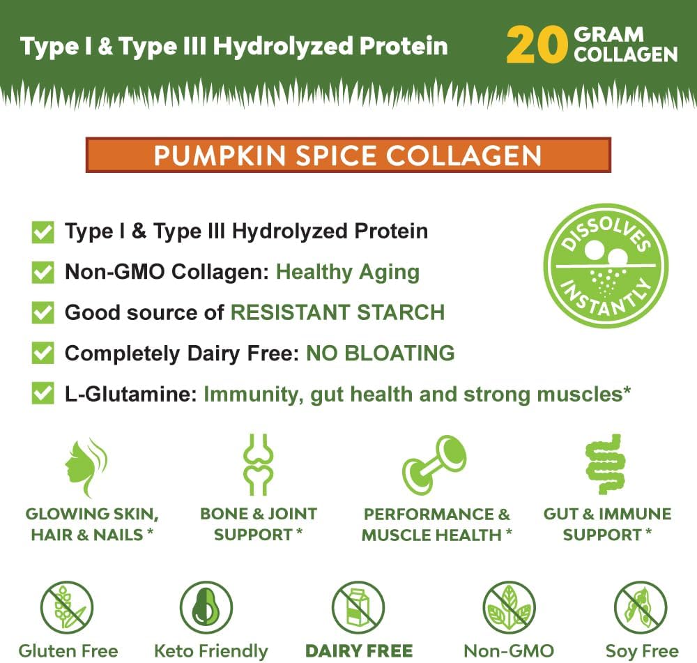 1LB Pumpkin Spice Grass-Fed Collagen Peptides Powder - Pure Type I & III Bovine Hydrolyzed Collagen - Non-GMO, Hormone/Soy/Gluten/Dairy Free - Keto-Friendly