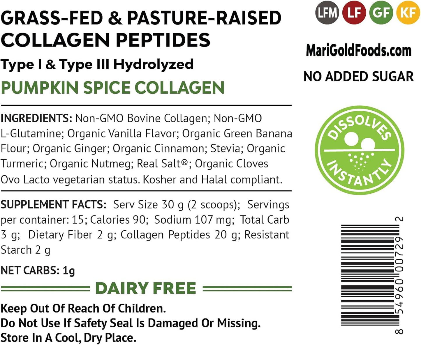 1LB Pumpkin Spice Grass-Fed Collagen Peptides Powder - Pure Type I & III Bovine Hydrolyzed Collagen - Non-GMO, Hormone/Soy/Gluten/Dairy Free - Keto-Friendly