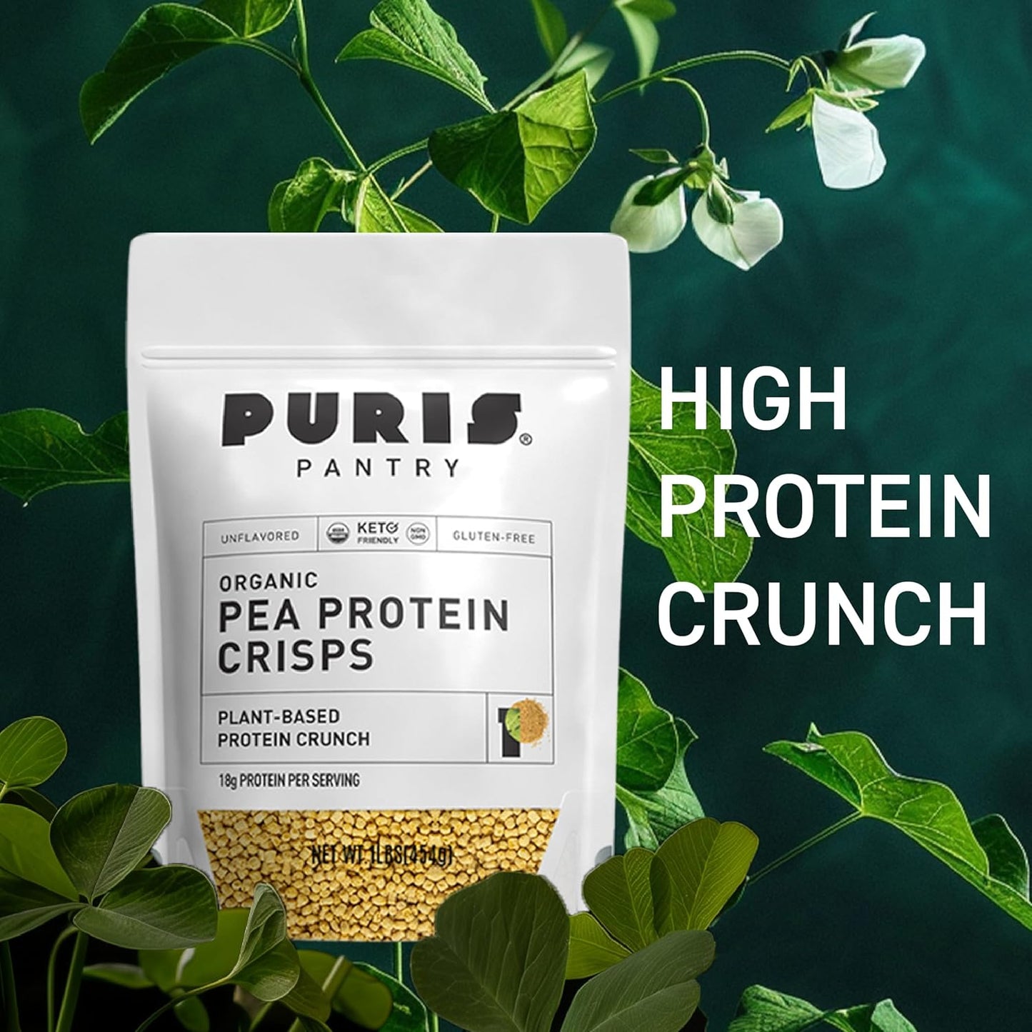 1LB PURIS Organic Pea Protein Crisps - Keto Protein Crunch, Made in USA, Non-GMO, Gluten-Free, No Sugar, No Soy, 18g Protein, 7g Carbs.
