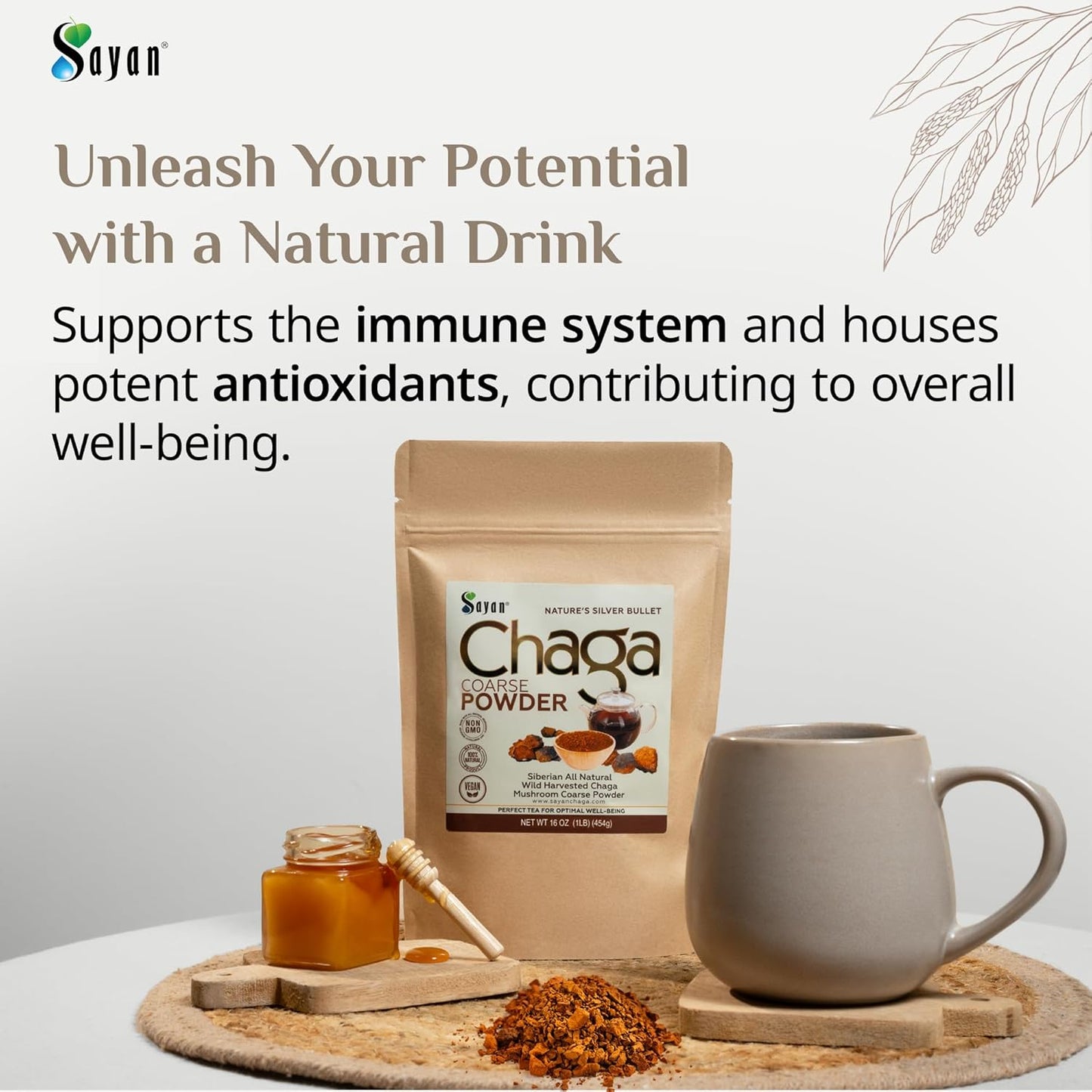 1lb Sayan Siberian Raw Coarse Chaga Powder - Premium Wild Harvested Antioxidant Tea for Immune System - Energy and Clarity - Non-GMO