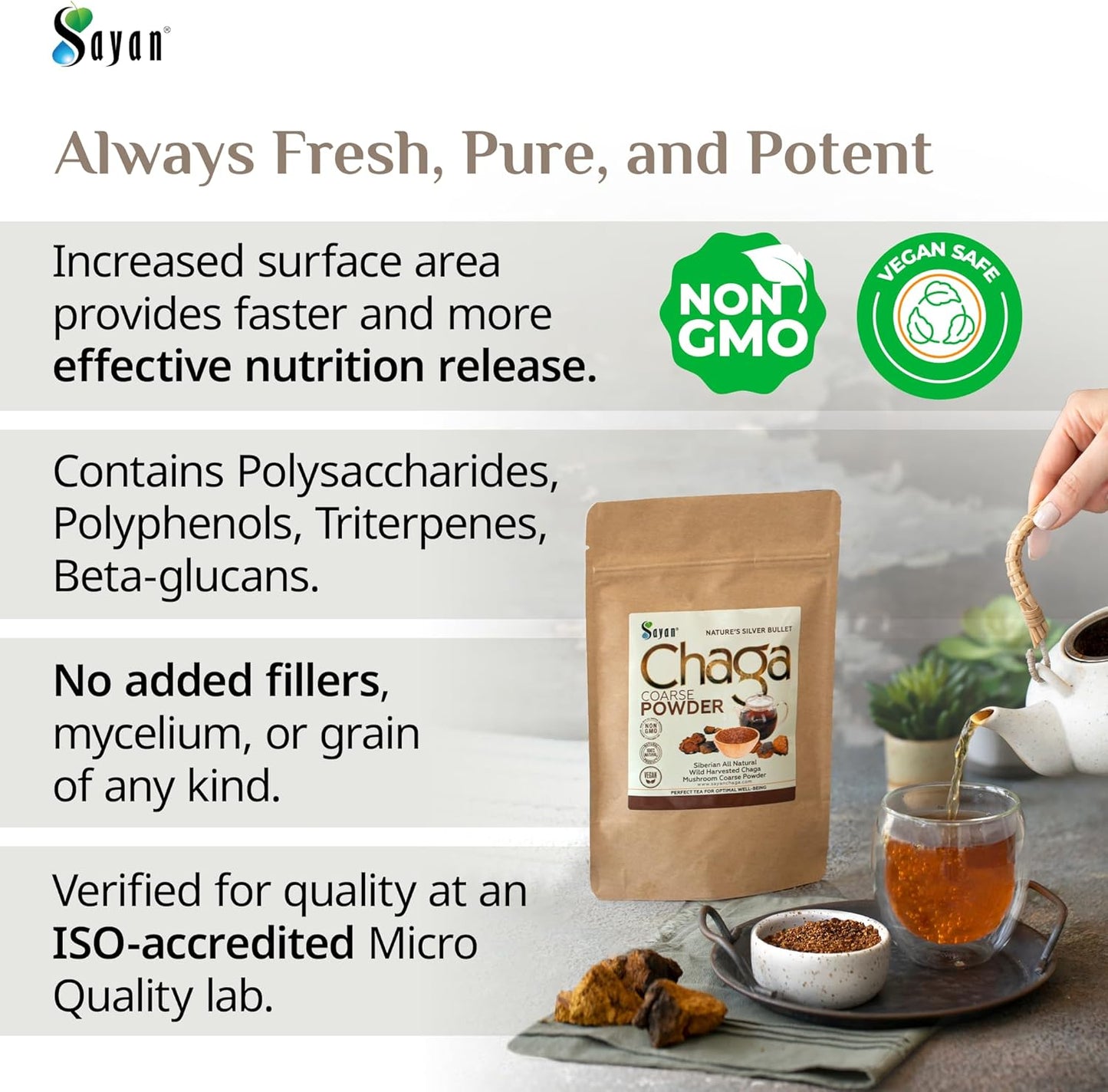 1lb Sayan Siberian Raw Coarse Chaga Powder - Premium Wild Harvested Antioxidant Tea for Immune System - Energy and Clarity - Non-GMO