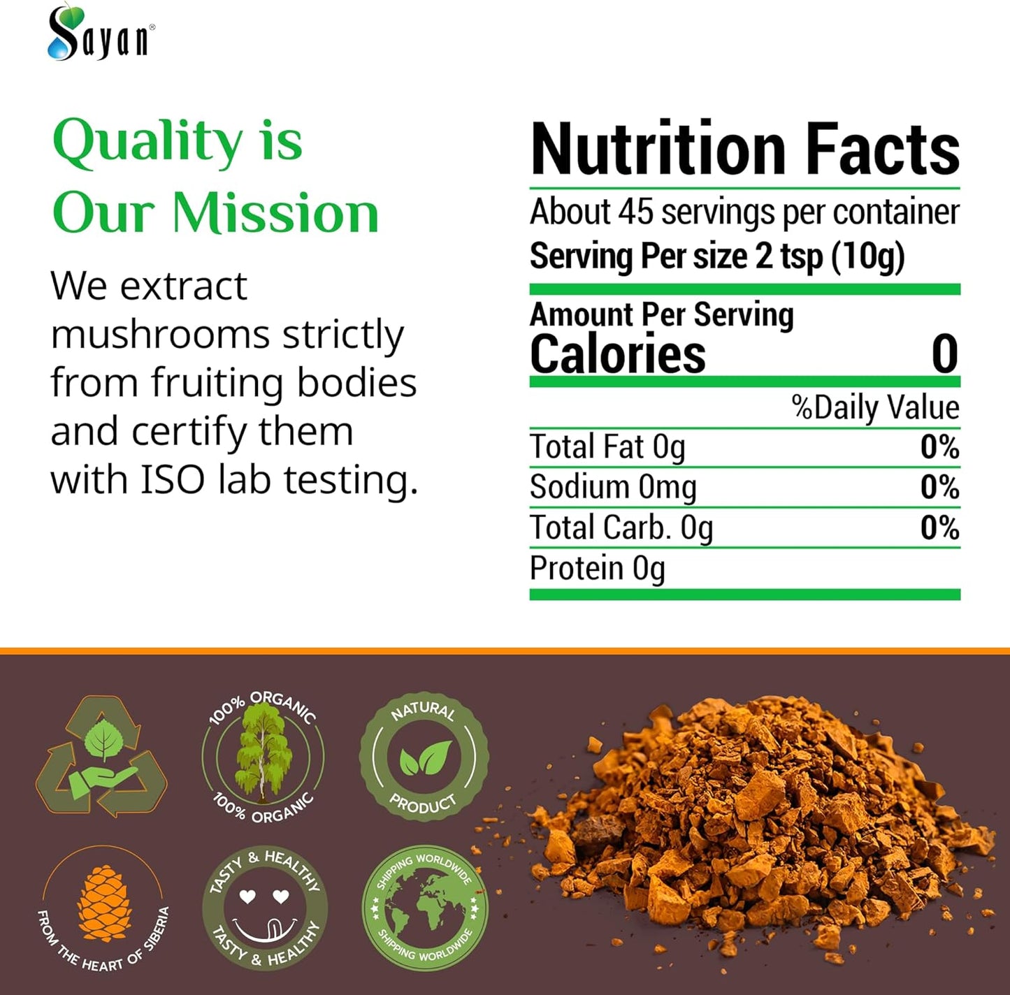1lb Sayan Siberian Raw Coarse Chaga Powder - Premium Wild Harvested Antioxidant Tea for Immune System - Energy and Clarity - Non-GMO