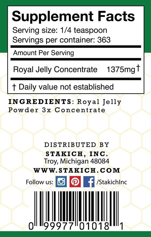 1lb Stakich Royal Jelly Powder - 3X Concentrate, Freeze Dried, Pure & Natural Supplement