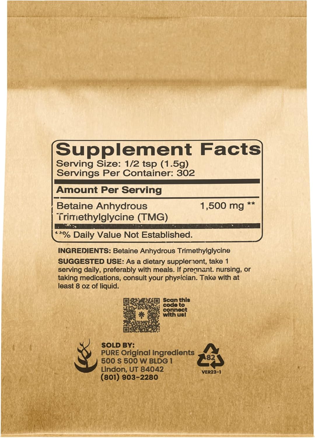 1lb Trimethylglycine (TMG) Powder with Pure Original Ingredients - Vegan & Gluten-Free