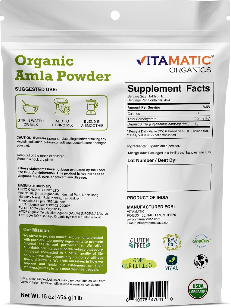 1lb Vitamatic USDA Organic Amla Berry Powder - Antioxidant Vitamin C for Immunity - Gluten Free, Non-GMO, Kosher
