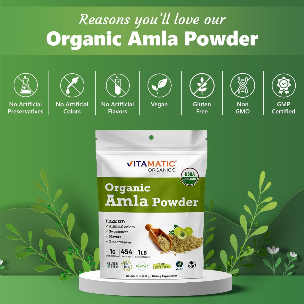 1lb Vitamatic USDA Organic Amla Berry Powder - Antioxidant Vitamin C for Immunity - Gluten Free, Non-GMO, Kosher