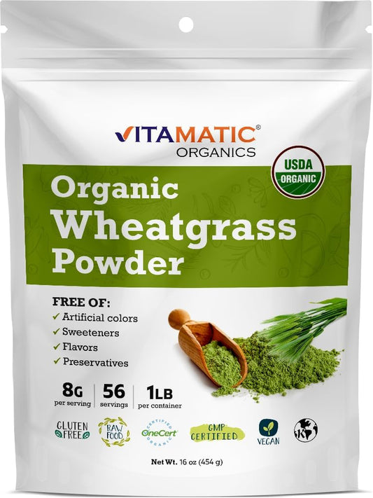 1lb Vitamatic USDA Organic Wheatgrass Powder - Pure & Natural Superfood Supplement - 16oz Pack