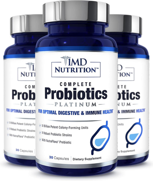1MD Complete Probiotics Platinum 3-Pack - 51 Billion Live CFU, 11 Strains, Dairy-Free - Digestive Health Support with Prebiotics - 30 Vegetable Capsules