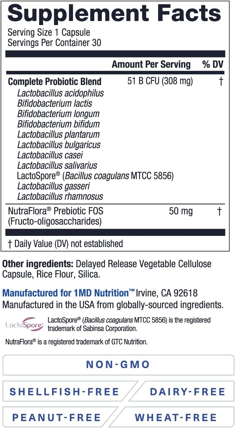 1MD Complete Probiotics Platinum 3-Pack - 51 Billion Live CFU, 11 Strains, Dairy-Free - Digestive Health Support with Prebiotics - 30 Vegetable Capsules