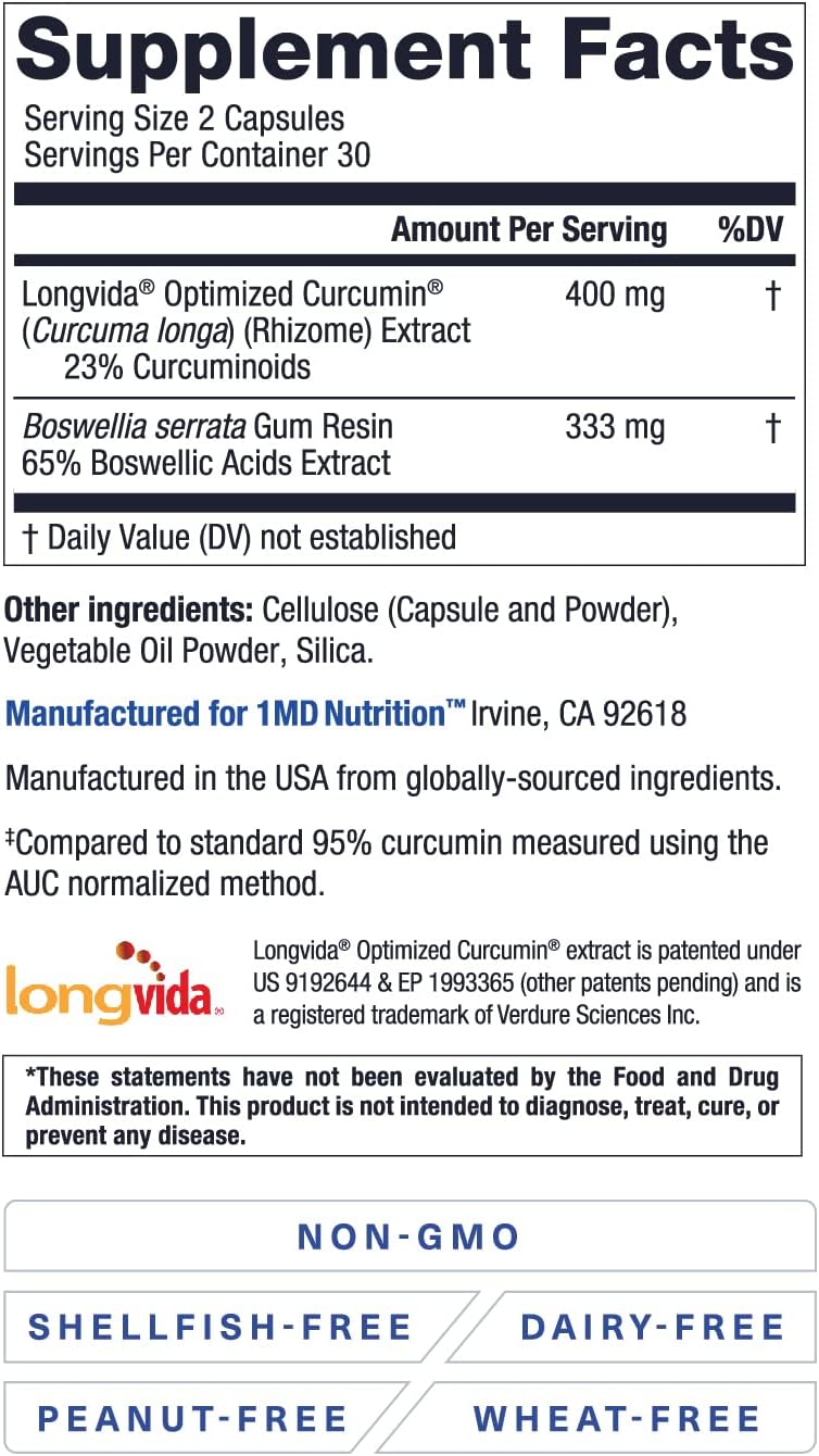 1MD Nutrition CurcuminMD Plus - 285x More Absorbable Turmeric Curcumin with Boswellia Serrata for Joint Stiffness, Muscle Recovery, and Mood Support - 540 Capsules