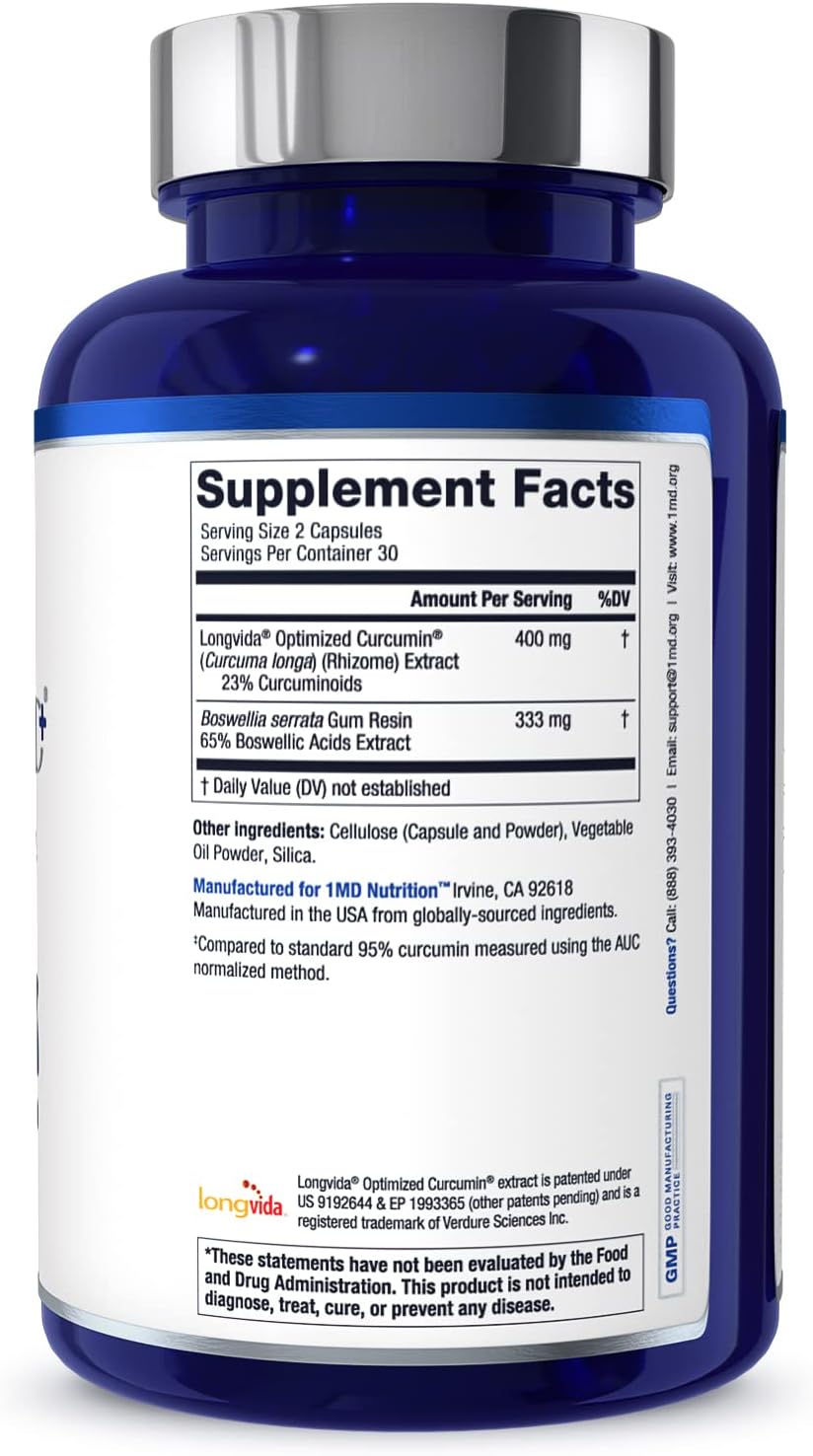 1MD Nutrition CurcuminMD Plus - 285x More Absorbable Turmeric Curcumin with Boswellia Serrata for Joint Stiffness, Muscle Recovery, and Mood Support - 540 Capsules
