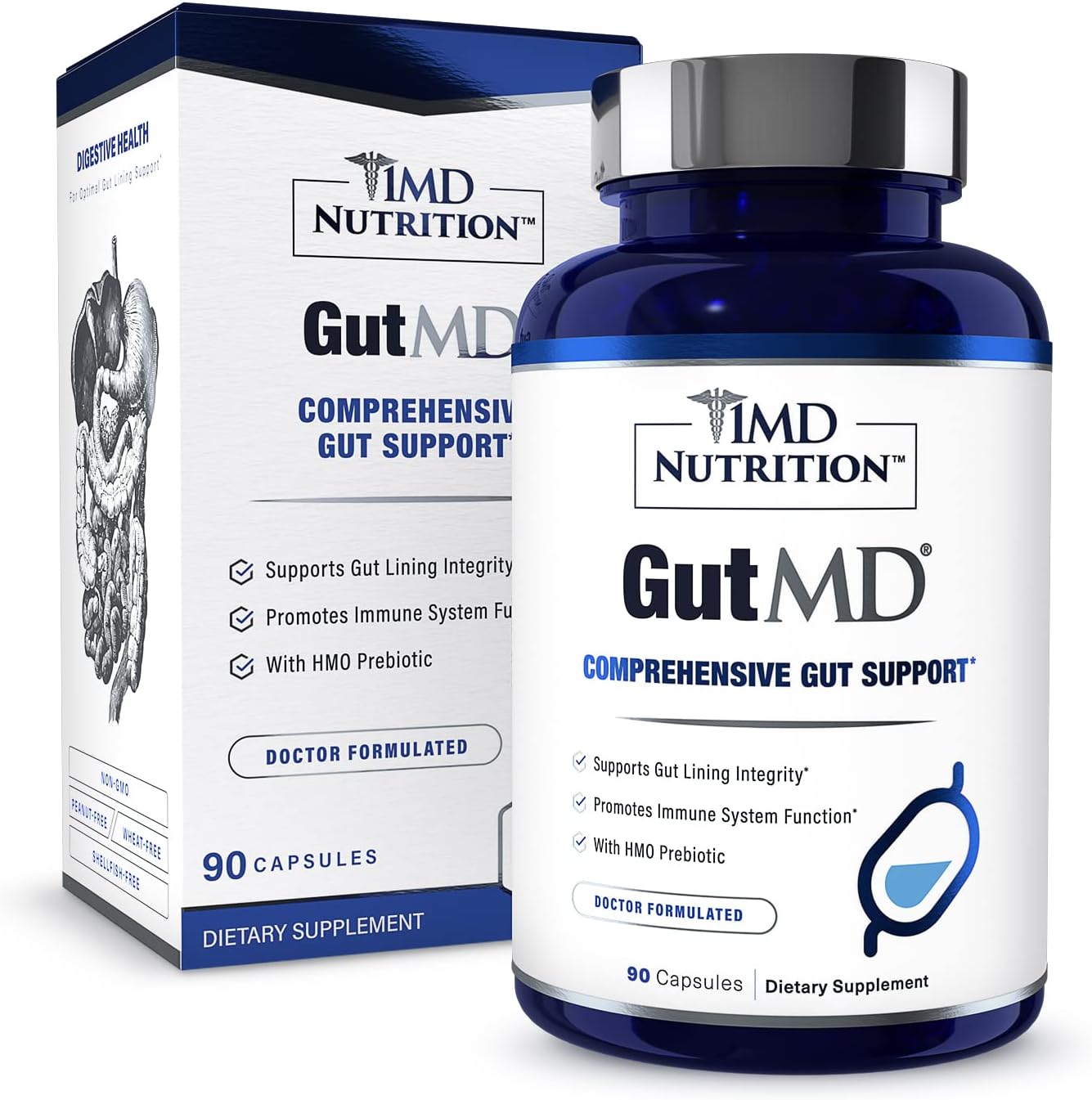 1MD Nutrition GutMD - L-Glutamine and Prebiotic Capsules for Digestive Health - 90 Capsules x 2 Pack
