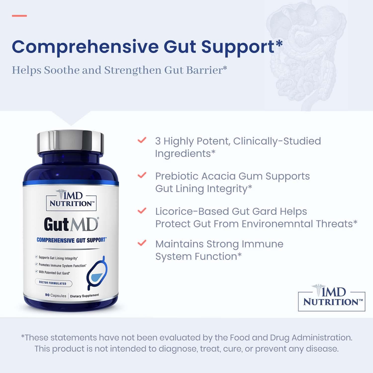 1MD Nutrition GutMD - L-Glutamine Capsules with Prebiotic for Gut Health - Supports Digestive Tract Integrity - 90 Capsules