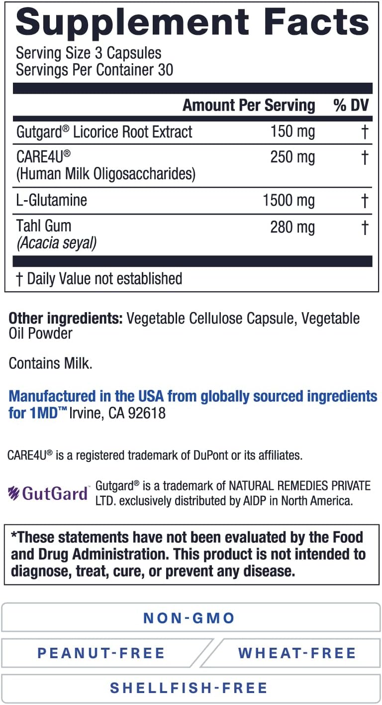 1MD Nutrition GutMD - L-Glutamine Capsules with Prebiotic for Gut Health - Supports Digestive Tract Integrity - 90 Capsules