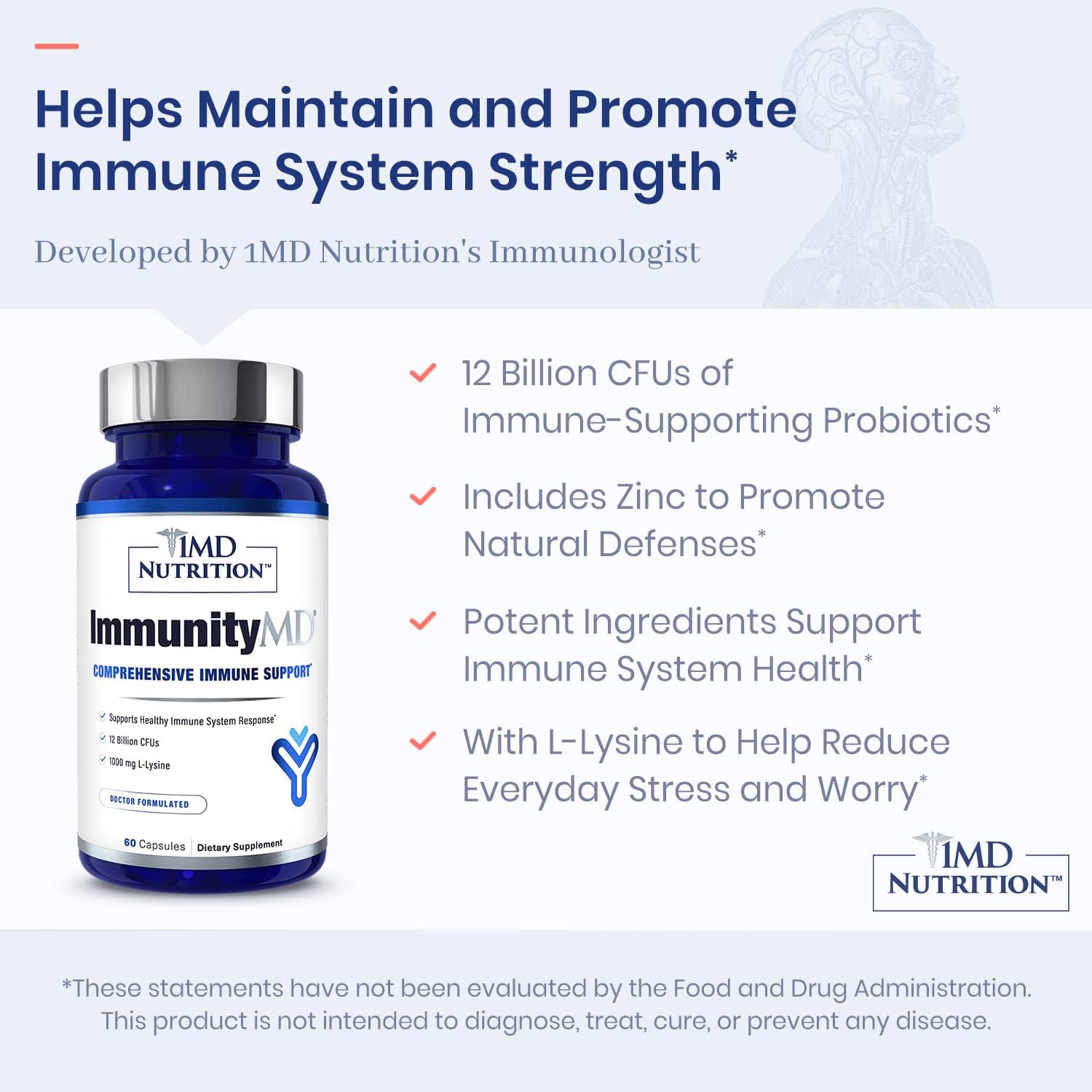 1MD Nutrition ImmunityMD: Doctor-Selected Probiotic for Immune Health - 60 Capsules x 2 Pack, Boost Immune System, Reduce Stress