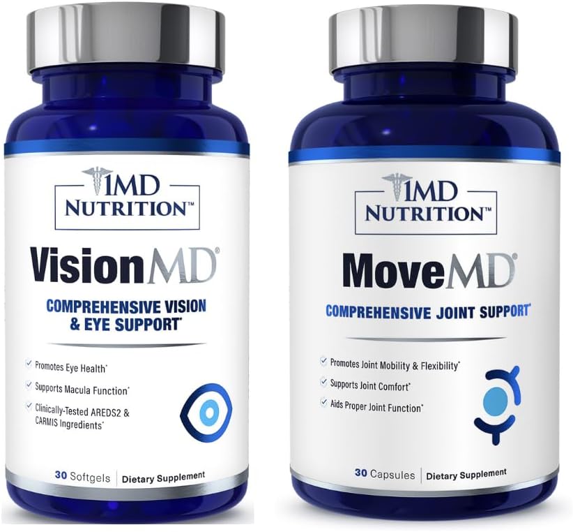 1MD Nutrition MoveMD & VisionMD: Joint Support & Eye Care with Collagen, Hyaluronic Acid, Astaxanthin, OptiLut Lutein, and Zeaxanthin - Advanced Formula for Mobility and Vision Health