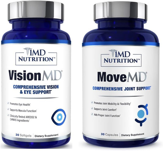 1MD Nutrition MoveMD & VisionMD: Joint Support & Eye Care with Collagen, Hyaluronic Acid, Astaxanthin, OptiLut Lutein, and Zeaxanthin - Advanced Formula for Mobility and Vision Health
