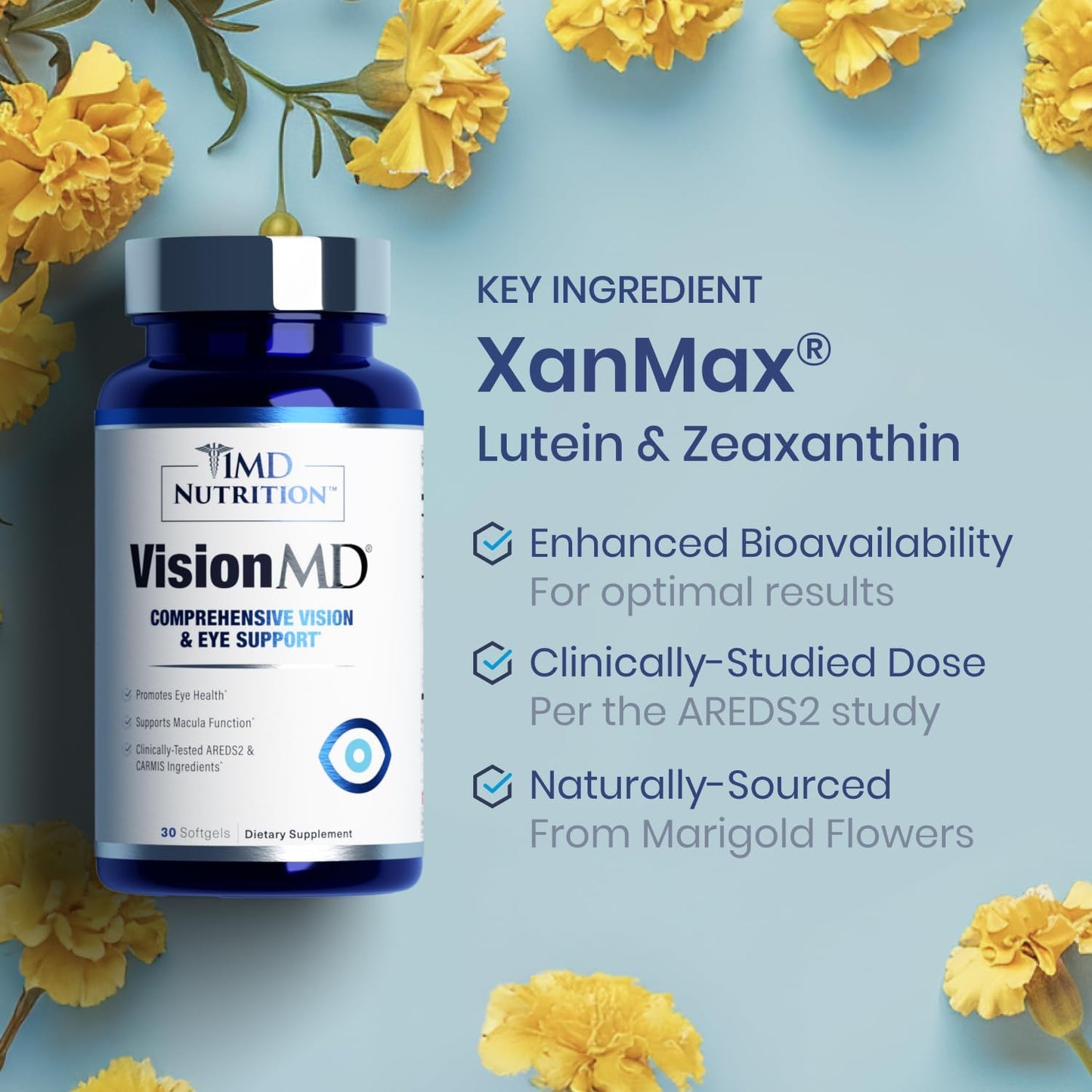 1MD Nutrition VisionMD Eye Vitamin CARMIS - Lutein, Zeaxanthin - Supports Vision Health, Eye Strain, Dry Eye - 60 Softgels (2-Pack)