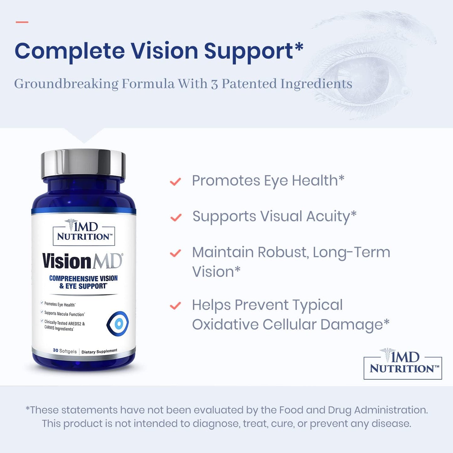 1MD Nutrition VisionMD Eye Vitamin CARMIS - Lutein, Zeaxanthin - Supports Vision Health, Eye Strain, Dry Eye - 60 Softgels (2-Pack)