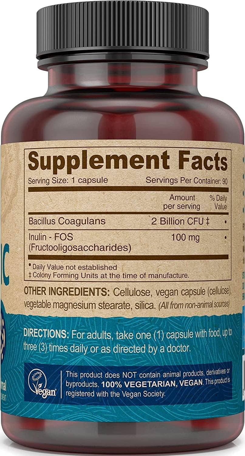 2 Billion CFU Vegan Probiotic Supplement with FOS Prebiotics - Non-Dairy & Gluten-Free Formula for Men & Women - 90 Capsules x 2-Pack - Shelf Stable & Natural
