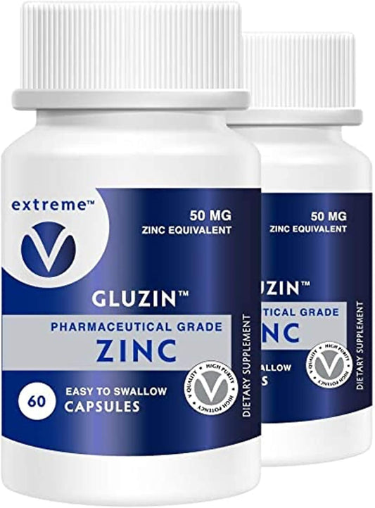 2 Bottles of Extreme V Gluzin 50MG Pharmaceutical Grade Zinc for Frontline Defense - Vegan Friendly (120 Vegetarian Capsules)