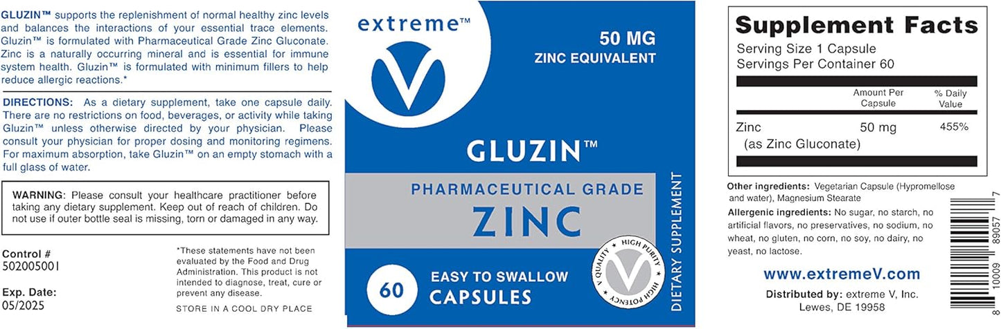2 Bottles of Extreme V Gluzin 50MG Pharmaceutical Grade Zinc for Frontline Defense - Vegan Friendly (120 Vegetarian Capsules)