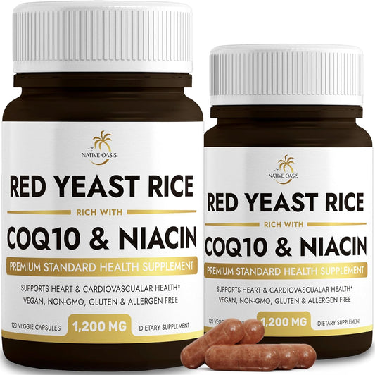 2 Bottles of Native Oasis Red Yeast Rice Capsules with CoQ10 and Niacin - 1,200mg (240 Count) - Non-GMO, Gluten Free, Vegan & Allergen Free