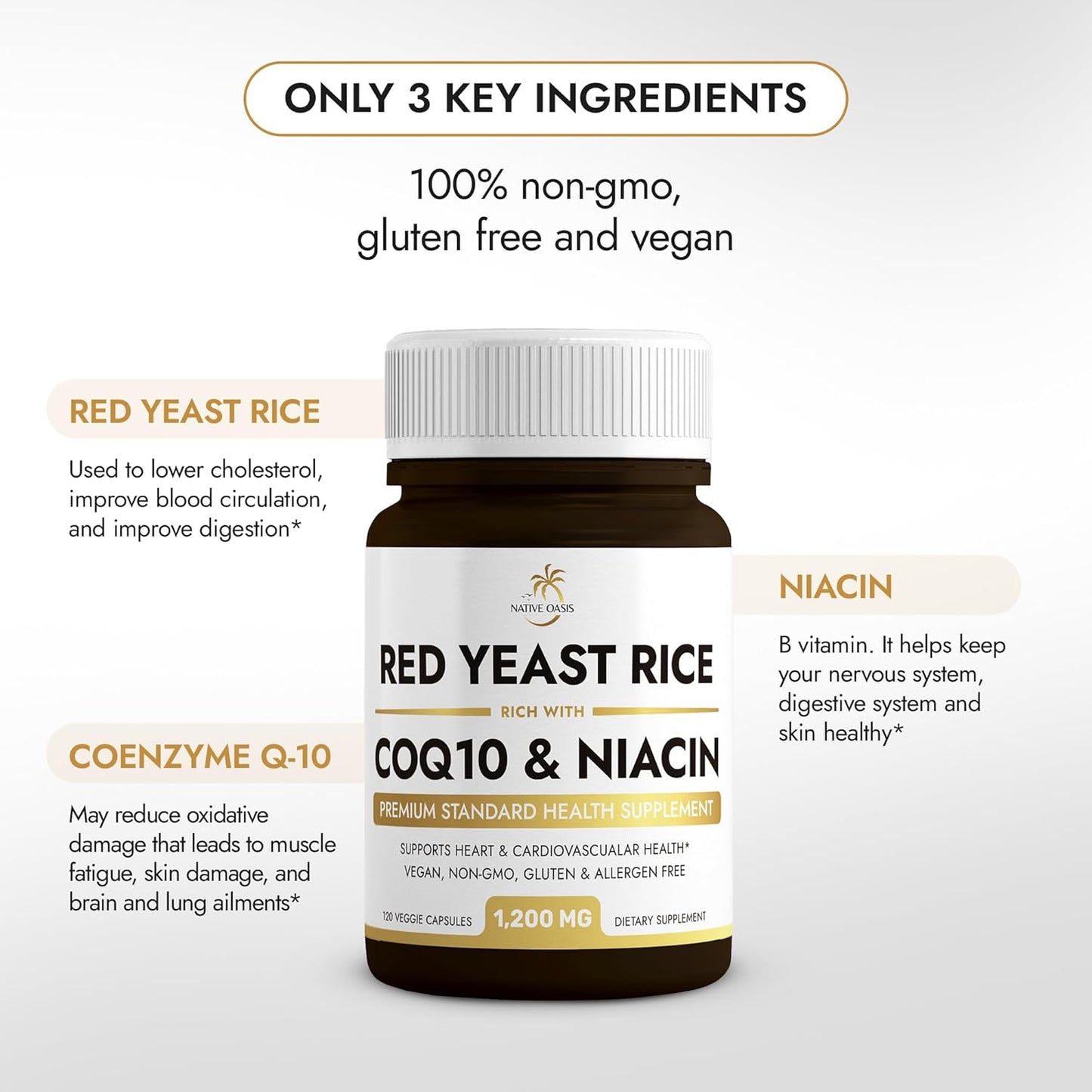 2 Bottles of Native Oasis Red Yeast Rice Capsules with CoQ10 and Niacin - 1,200mg (240 Count) - Non-GMO, Gluten Free, Vegan & Allergen Free