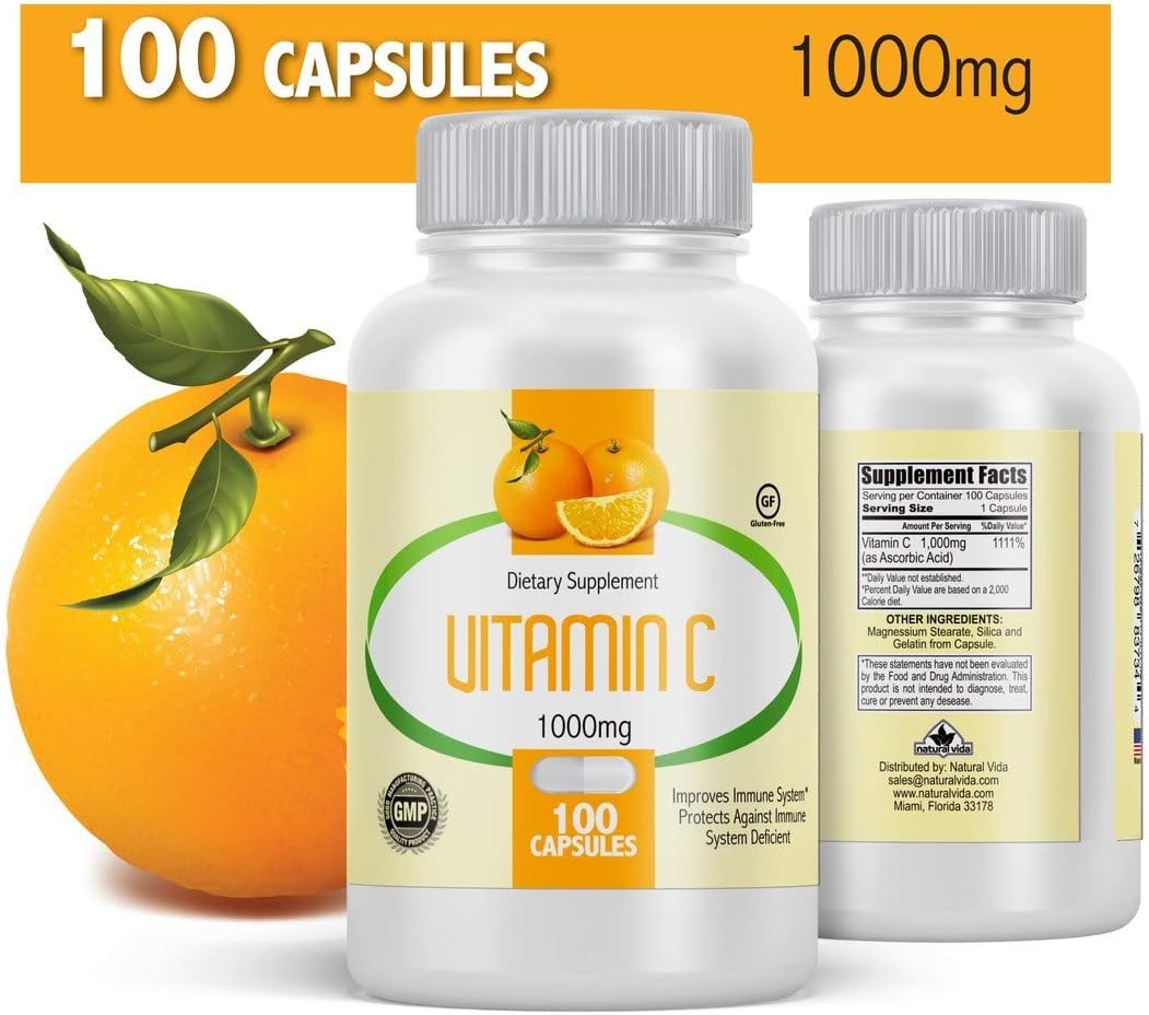 2 Bottles of Natural Vida Vitamin C 1000mg Capsules - 100 Capsules per Bottle