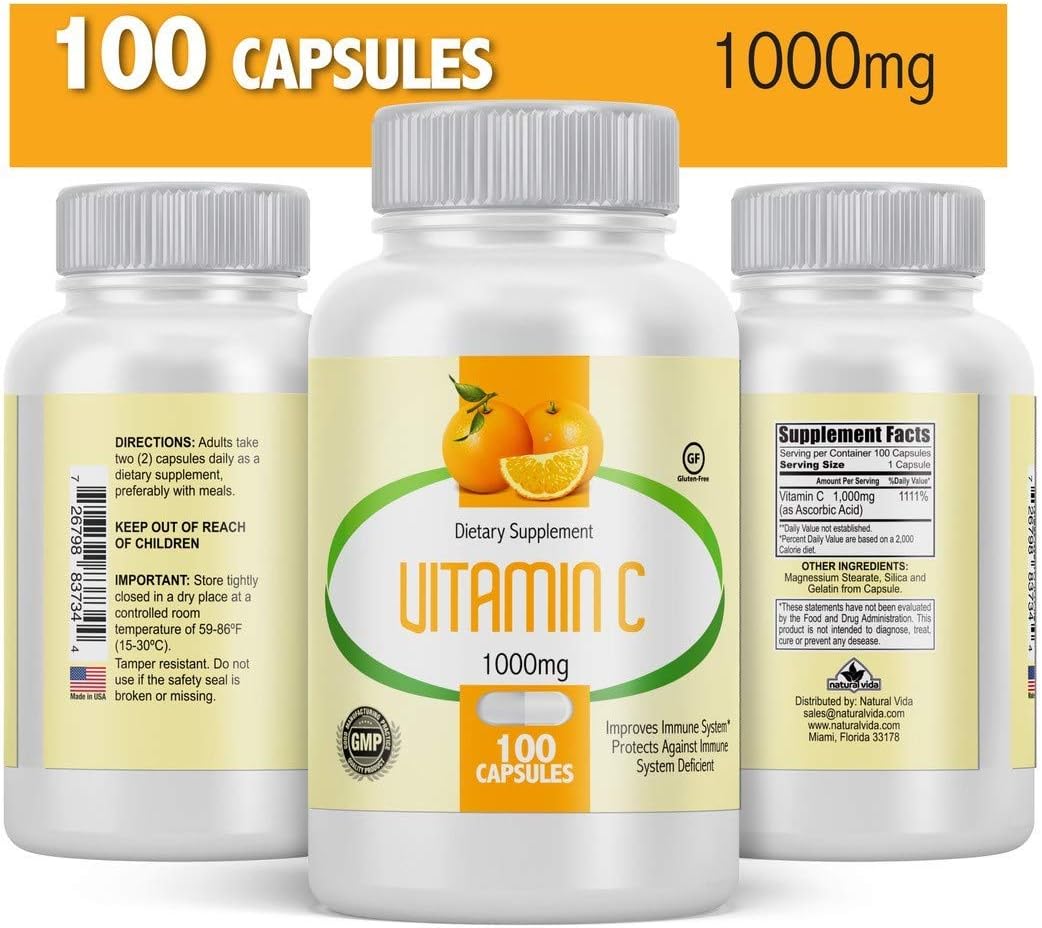2 Bottles of Natural Vida Vitamin C 1000mg Capsules - 100 Capsules per Bottle