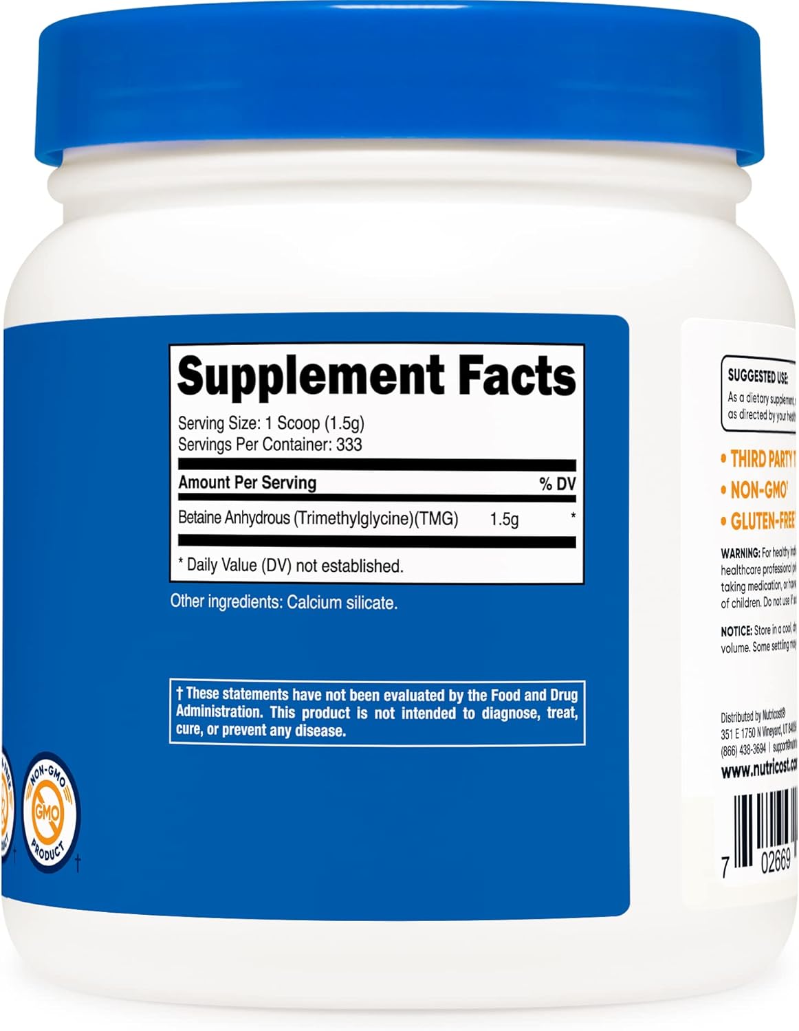 2 Bottles of Nutricost Betaine Anhydrous Trimethylglycine (TMG) Powder - 500G Each