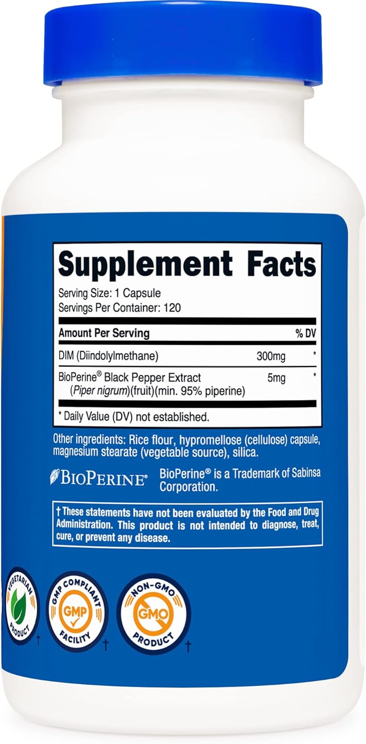 2 Bottles of Nutricost DIM (Diindolylmethane) 300mg, 120 Capsules with BioPerine - Twin Pack